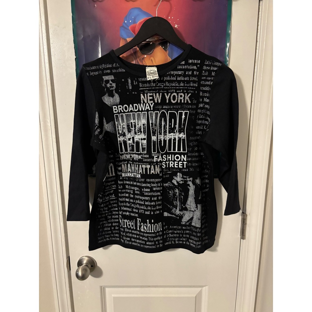 Big Bang New York Newsprint Graphic Top 3/4 Sleeve Black White XL Vintage Style